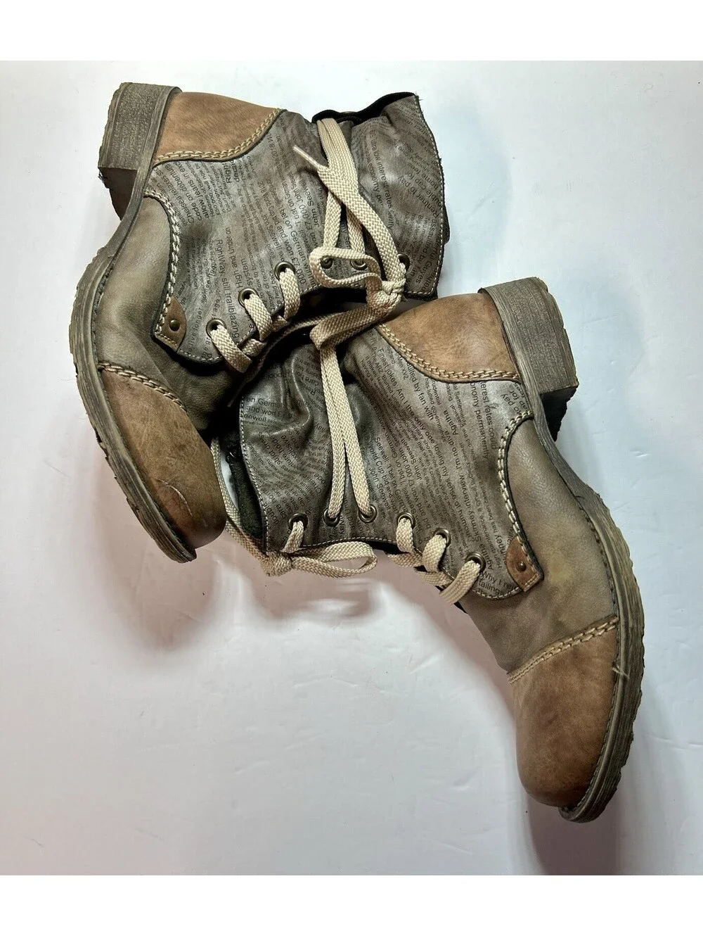Rieker Payton Boots Ankle W 7 Or 38 Brown Newspaper Print Zip Steampunk Fantasy